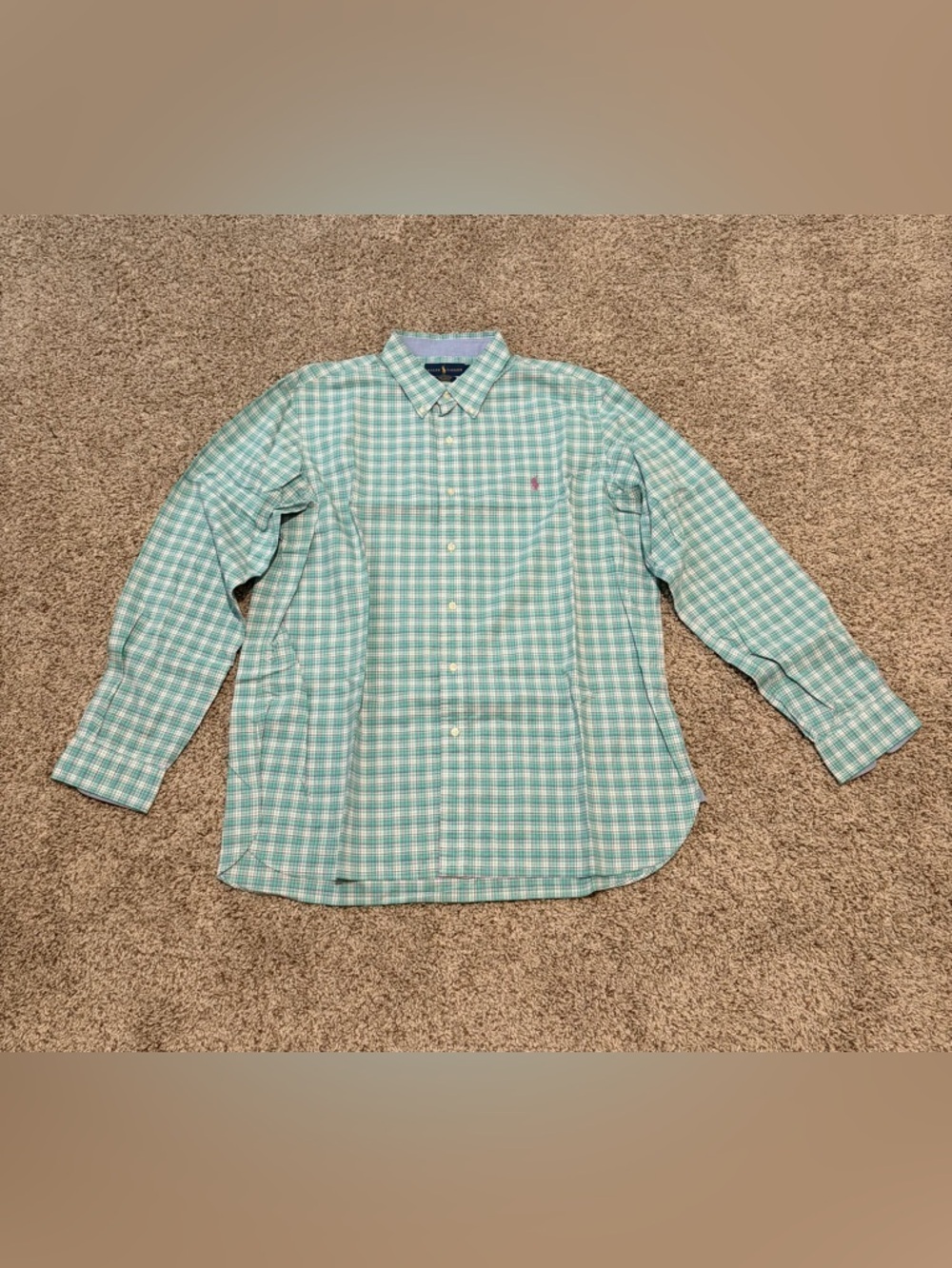 Ralph Lauren Light Green Plaid Button-Up Dress Shirt